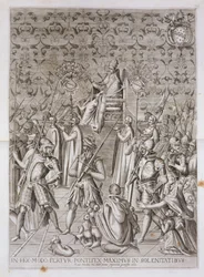 Papst Sixtus V (1521-90) wird zur Zeremonie der Einweihung des Obelisken vor der Basilika San Giovanni Laterano in Rom im Jahr 1588 getragen, 1600
